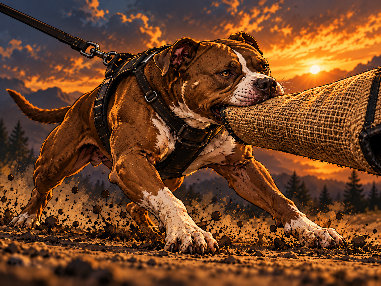 Pitbull tipi bir köpeğin eğitim kolunu güçlü şekilde kavrayarak bırakmadan çekişmesi